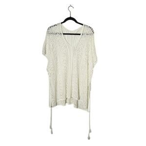 Women's Cream Crochet Pullover Top Size XL Lace Up Sides Tassels Fringe